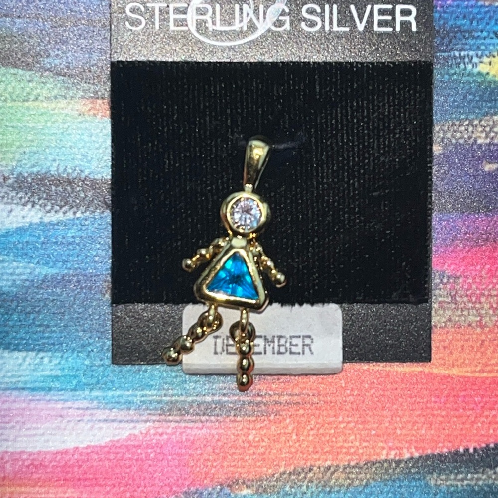 Sterling Silver December Birthstone  Girl Pendant w/ Blue Topaz Cubic Zirconia